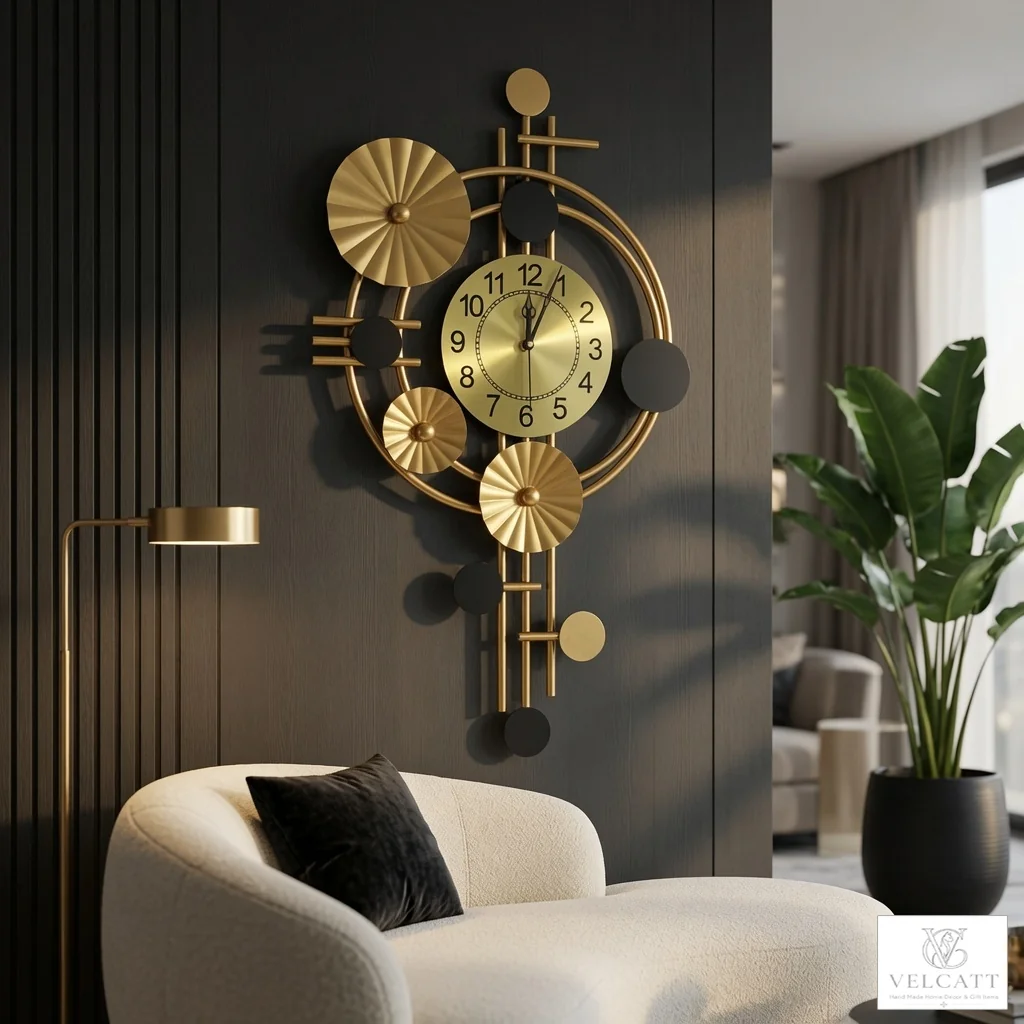 Modern Gold Art Deco Wall Clock with Geometric Design | Luxury Handcrafted Timepiece