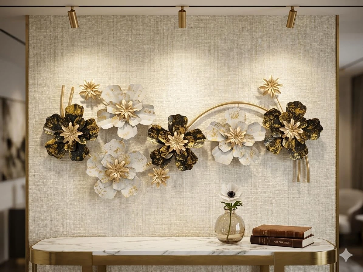 Luxury Metal Flower Wall Art | Handcrafted Gold & White Decorative Floral Panel