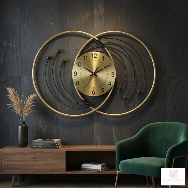 Modern Brass FInish Wall Clock with Decorative Metal Rings - Luxury Home Decor