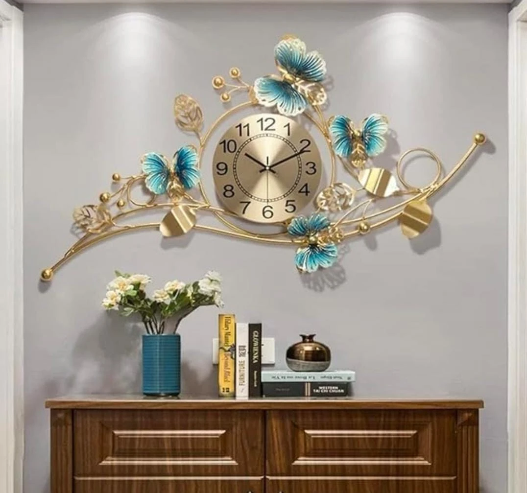 Handcrafted Metal Butterfly Wall Clock with Golden Branch Design