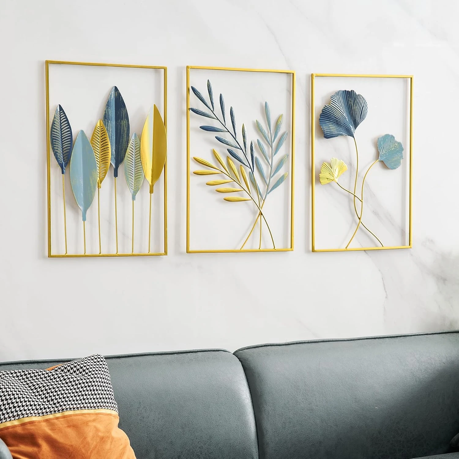 Modern Metal Leaf Wall Art Decor Set - Handcrafted Blue & Gold 3-Panel Display