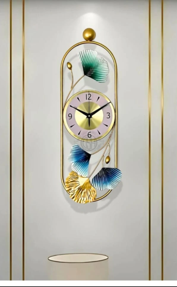 Handcrafted Brass Ginkgo Leaf Wall Clock with Golden Accents