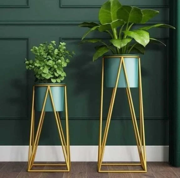 Handcrafted Brass Plant Stand with Ceramic Pot Set - Modern Home Decor