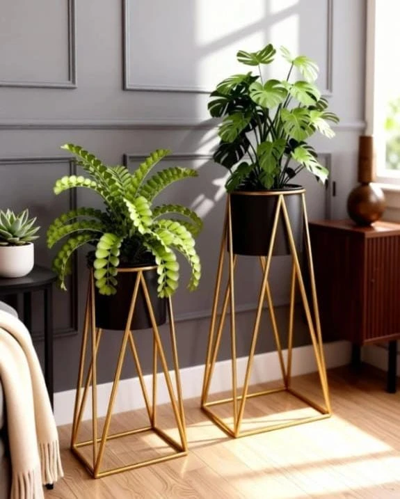 Modern Metal Plant Stand with Black Planter | Handcrafted Gold & Brass Plant Holder
