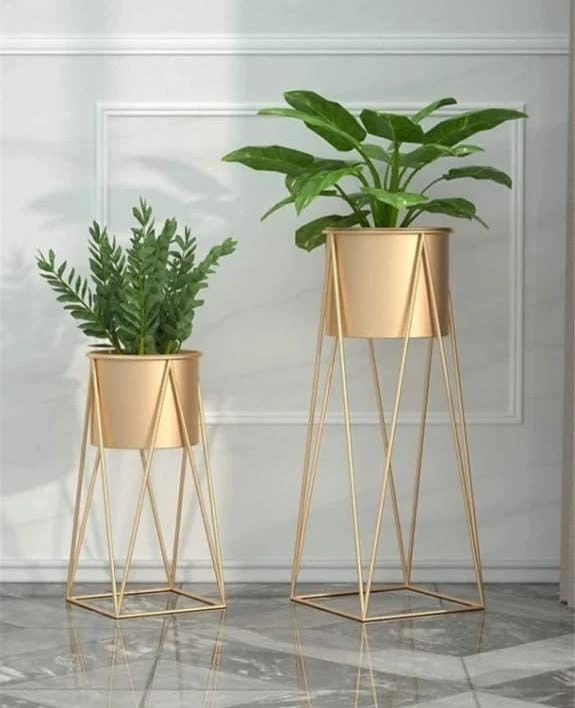 Handcrafted Gold Metal Plant Stand with Geometric Design - Set of 2