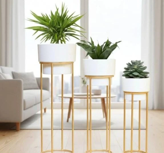Modern Plant Stand Set with White Ceramic Pots - Handcrafted Wooden Planter Stands