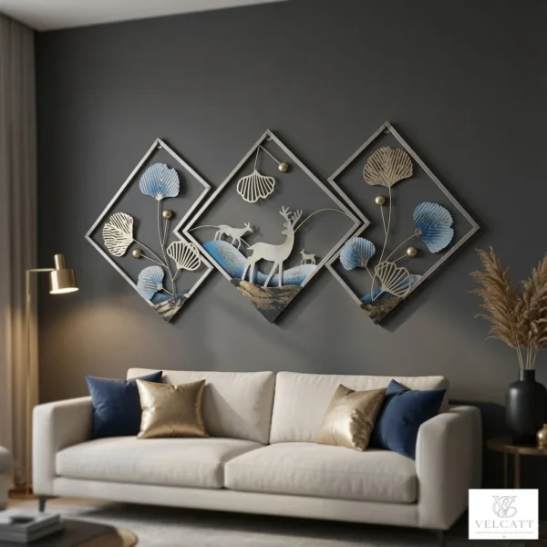 Handcrafted Metal Wall Art Decor - Diamond-Shaped 3D Wall Panels with Ginkgo & Deer Design - Image 2