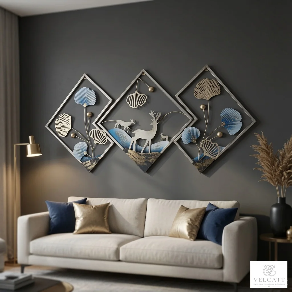 Handcrafted Metal Wall Art Decor - Diamond-Shaped 3D Wall Panels with Ginkgo & Deer Design