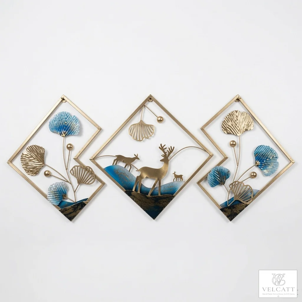 Handcrafted Metal Wall Art Decor - Diamond-Shaped 3D Wall Panels with Ginkgo & Deer Design - Image 3