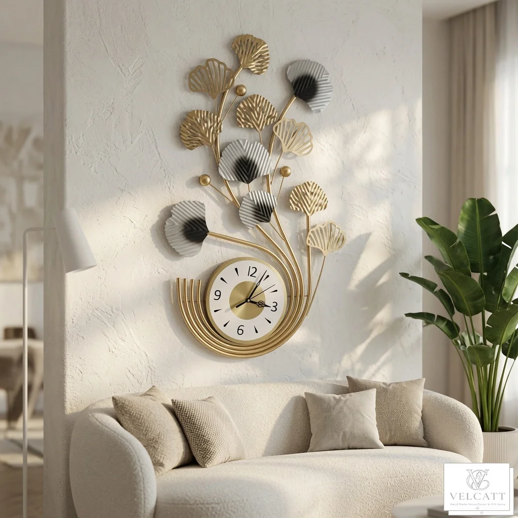 Handcrafted Metal Wall Clock with Leaf Design | Luxury Living Room Décor