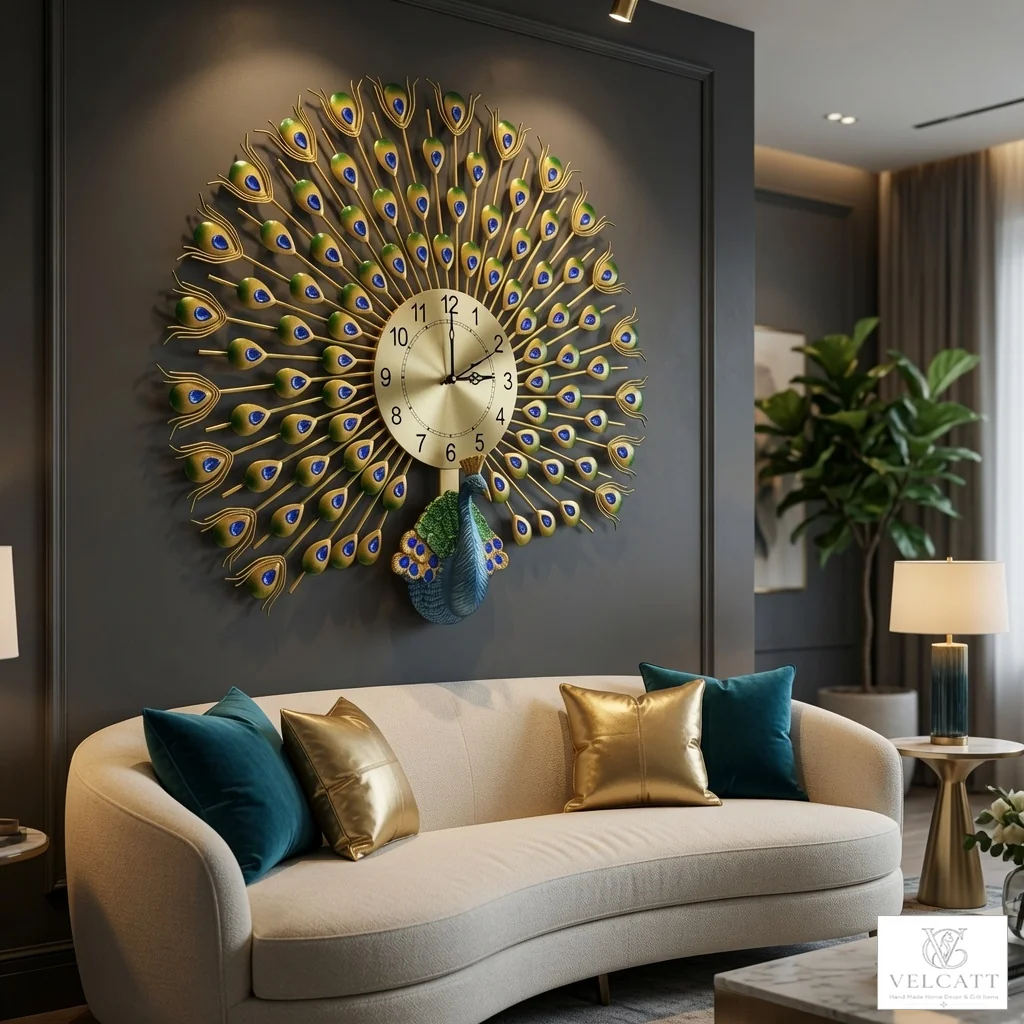 Handcrafted Peacock Metal Wall Clock - Luxury Statement Piece for Home Décor