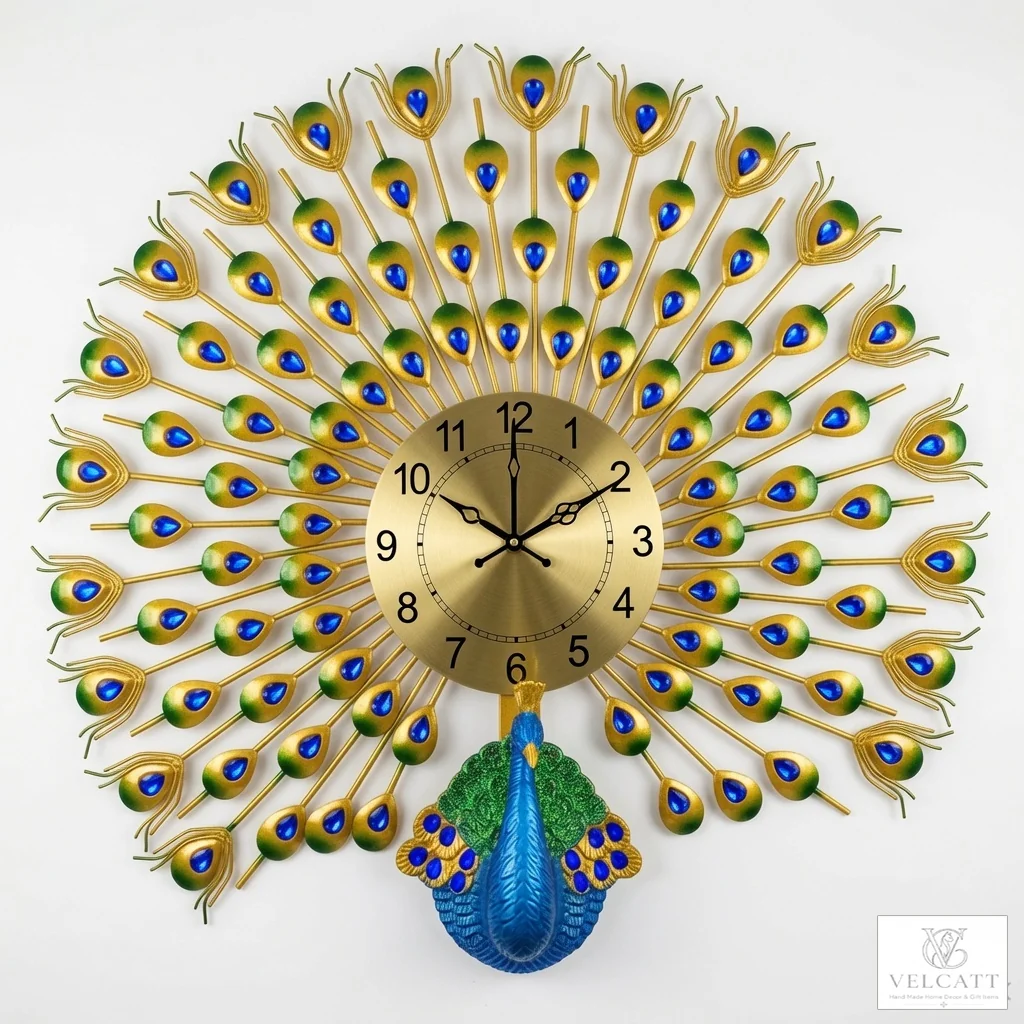 Handcrafted Peacock Metal Wall Clock - Luxury Statement Piece for Home Décor