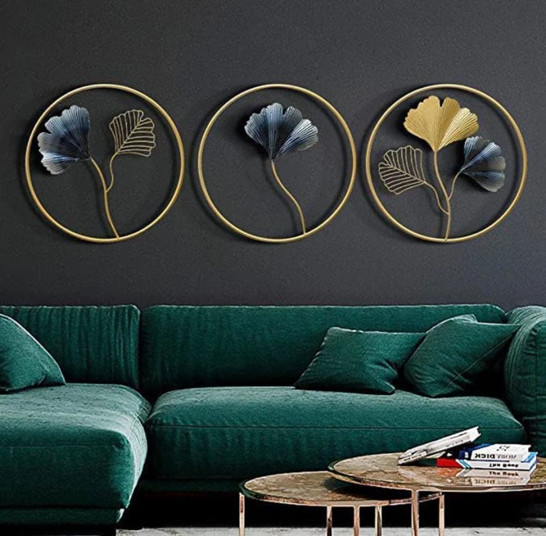 Handcrafted Ginkgo Leaf Metal Wall Art - Golden Brass & Blue 3-Panel Set