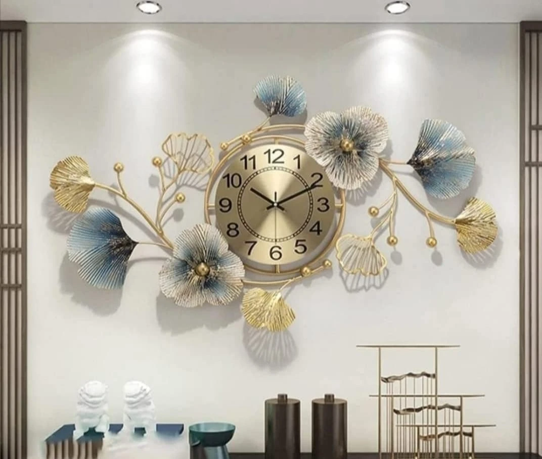 Handcrafted Metal Flower Wall Clock with Golden Leaf Design - Luxury Home Decor