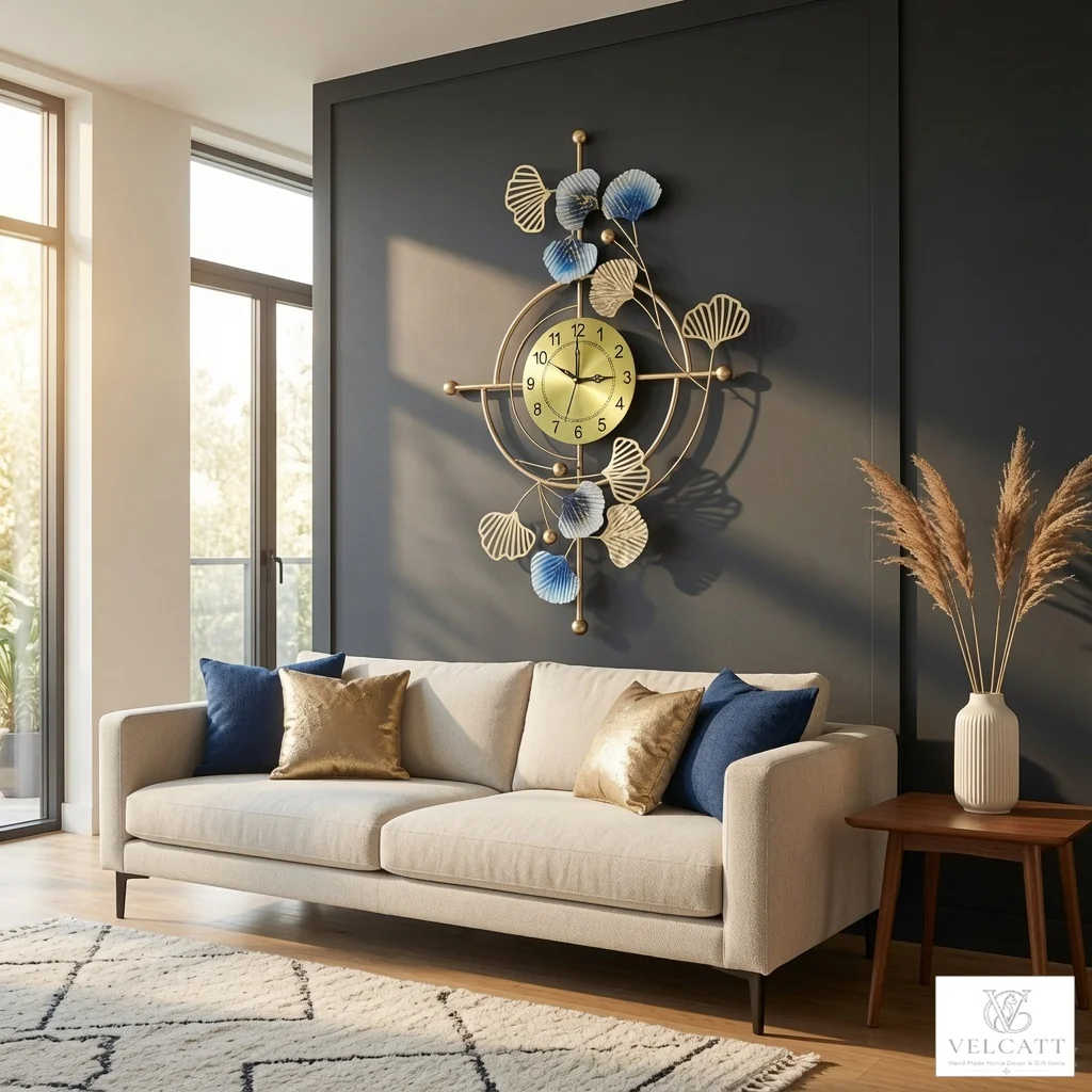 Handcrafted Metal Wall Clock with Blue Floral Design - Luxury Home Décor Statement Piece