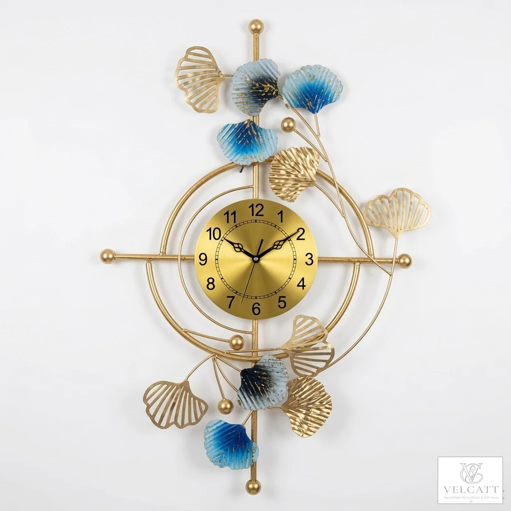 Handcrafted Metal Wall Clock with Blue Floral Design - Luxury Home Décor Statement Piece