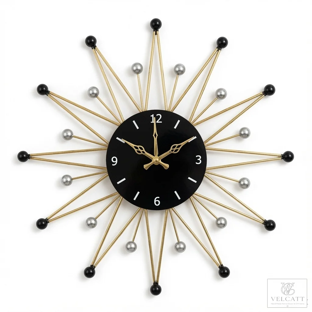 Handcrafted Sunburst Metal Wall Clock with Black Dial - Premium Home Décor