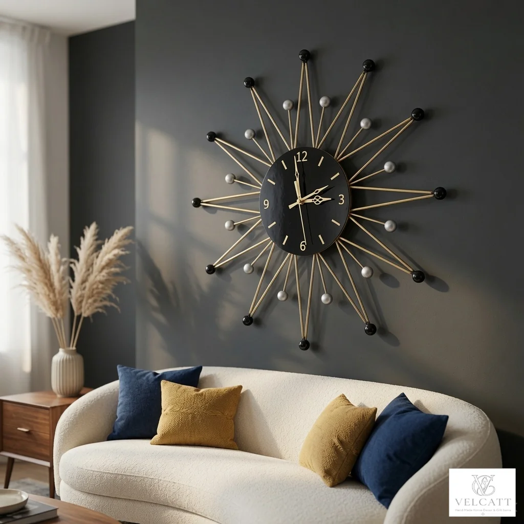 Handcrafted Sunburst Metal Wall Clock with Black Dial - Premium Home Décor