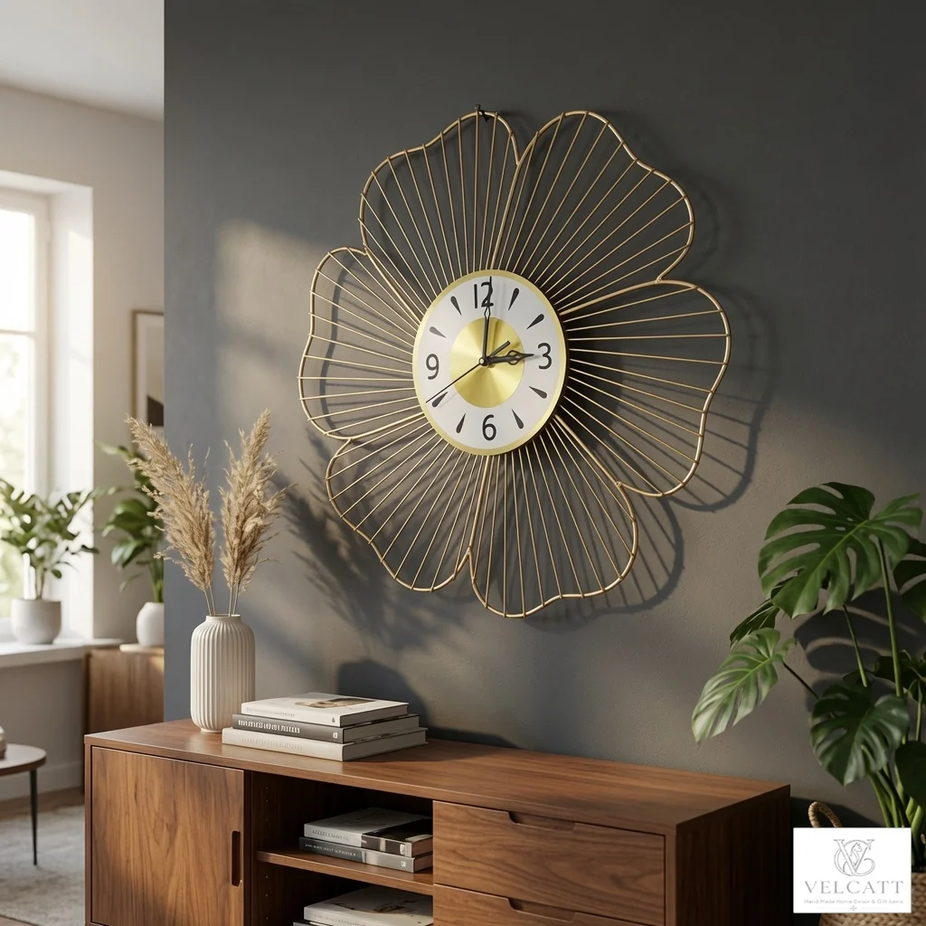 Handcrafted Metal Flower Wall Clock with Gold Finish - Luxury Home Décor Statement Piece