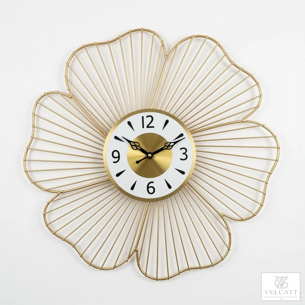 Handcrafted Metal Flower Wall Clock with Gold Finish - Luxury Home Décor Statement Piece