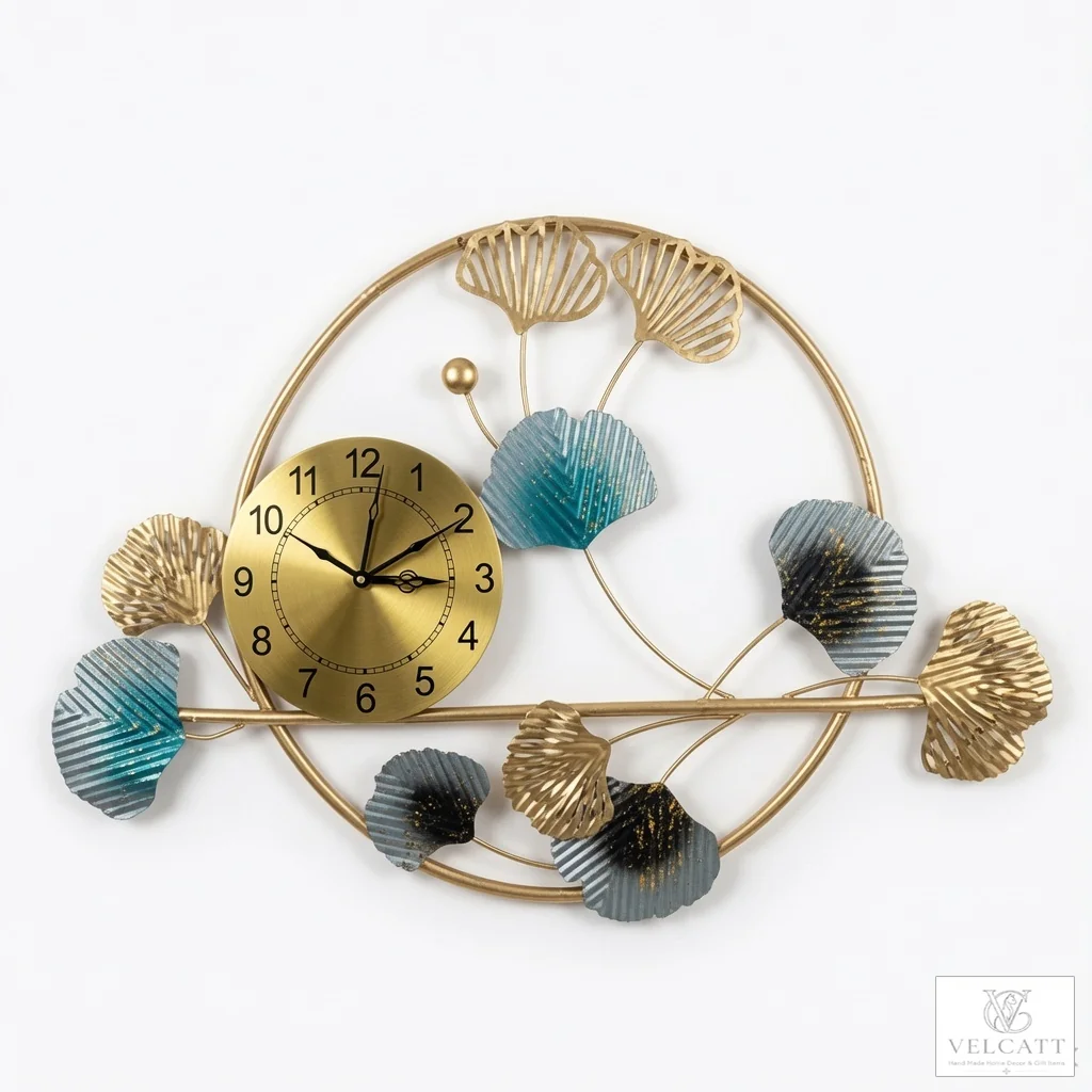 Handcrafted Metal Wall Clock with Ginkgo Leaf Design - Luxury Home Décor