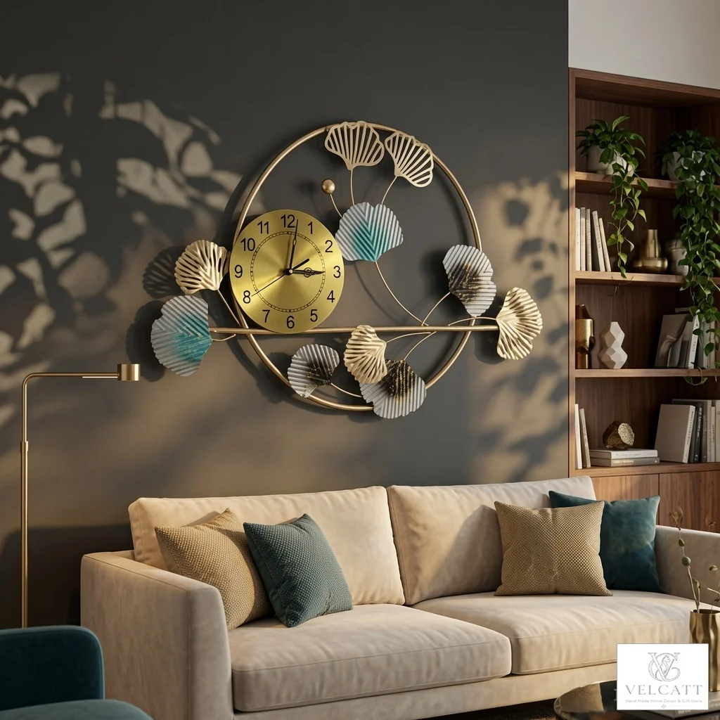 Handcrafted Metal Wall Clock with Ginkgo Leaf Design - Luxury Home Décor
