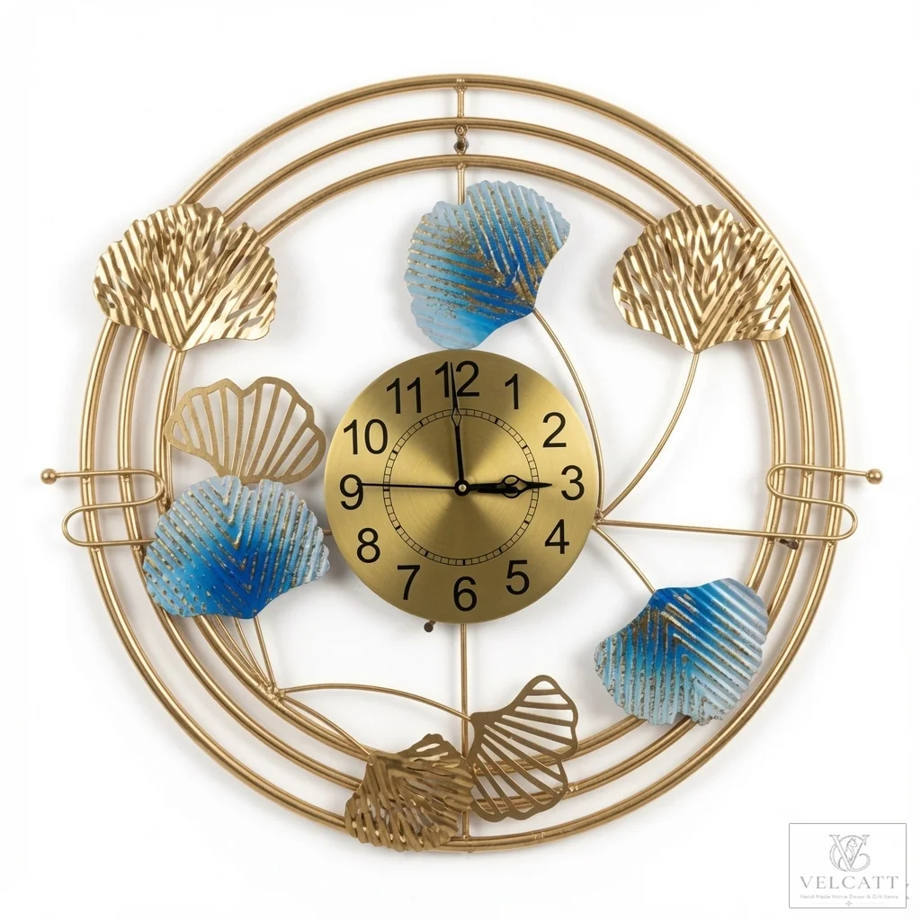 Handcrafted Metal Wall Clock with Blue Leaf Motif - Luxury Home Décor