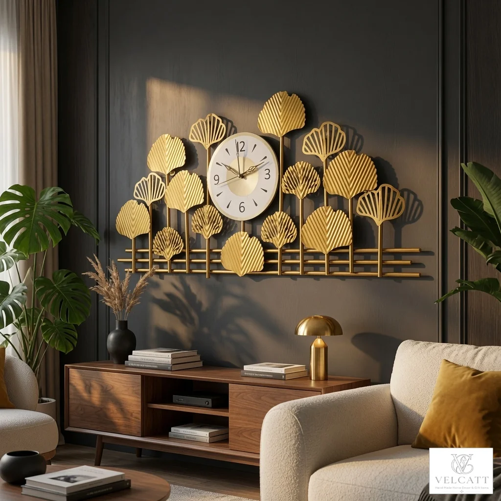 Handcrafted Metal Wall Clock with Ginkgo Leaf Design - Luxury Home Décor