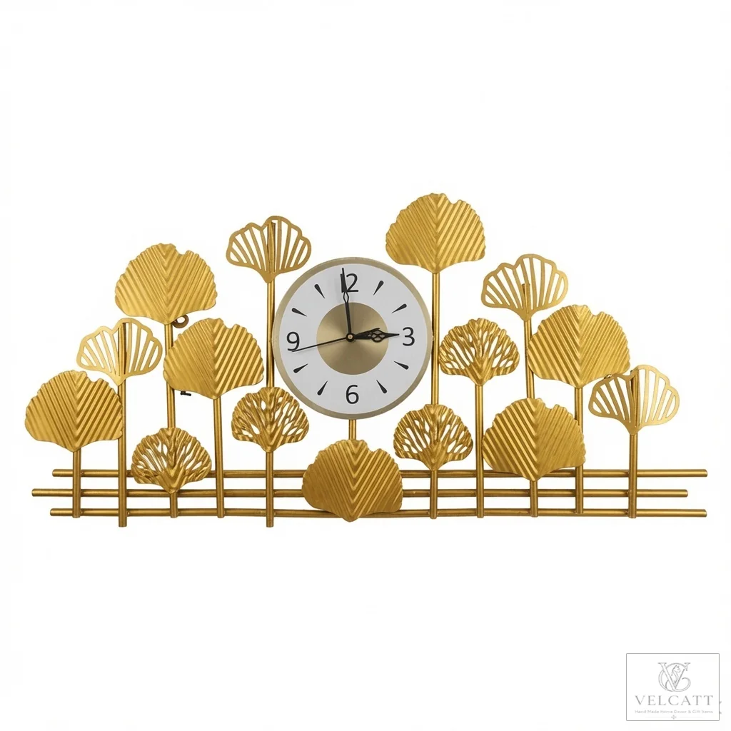 Handcrafted Metal Wall Clock with Ginkgo Leaf Design - Luxury Home Décor